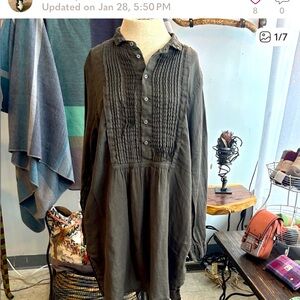 CP Shades Charcoal Long  Linen Sleeve Dress Boho Cottage Core Made in USA